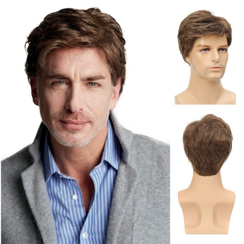 Männer Kurze Haare Seitliche Pony Modische Braune Chemiefaser Kopfbedeckung Hochtemperaturdraht_voghion.com