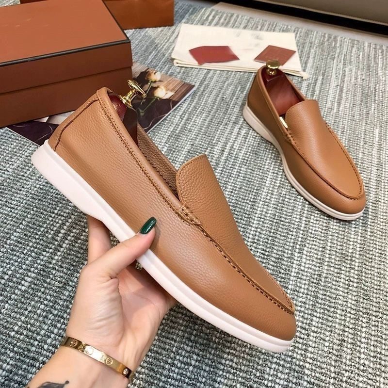 L Brand Solid Color Low-Top Genuine Loafers High-Quality High-Version Casual Natural Leather Single Shoes_voghion.com