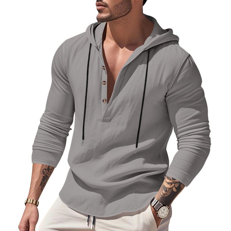 Lente en herfst lang mouwen linnen overhemd heren capuchon casual losse T-shirt trui heren_voghion.com