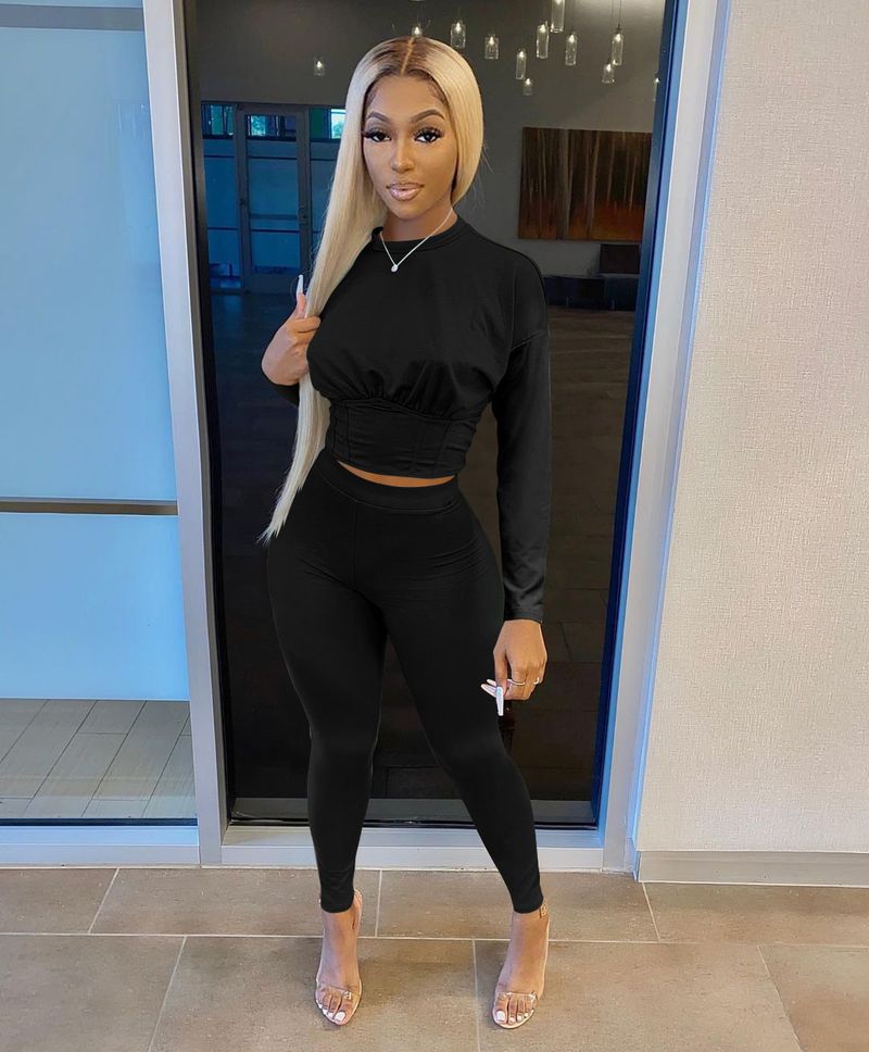 Damkostym i enfärgad midja, mode avslappnad tvådelad set_voghion.com