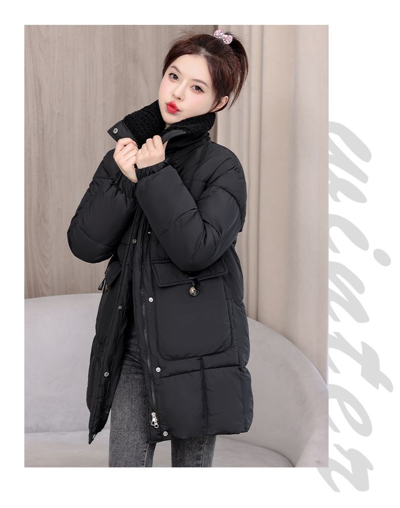Grenzüberschreitender Kragen, neuer Winter 2024, dicke Daunenjacke für Damen, mittellang bis lang, koreanische Version, lockerer Baumwolljackenmantel_voghion.com