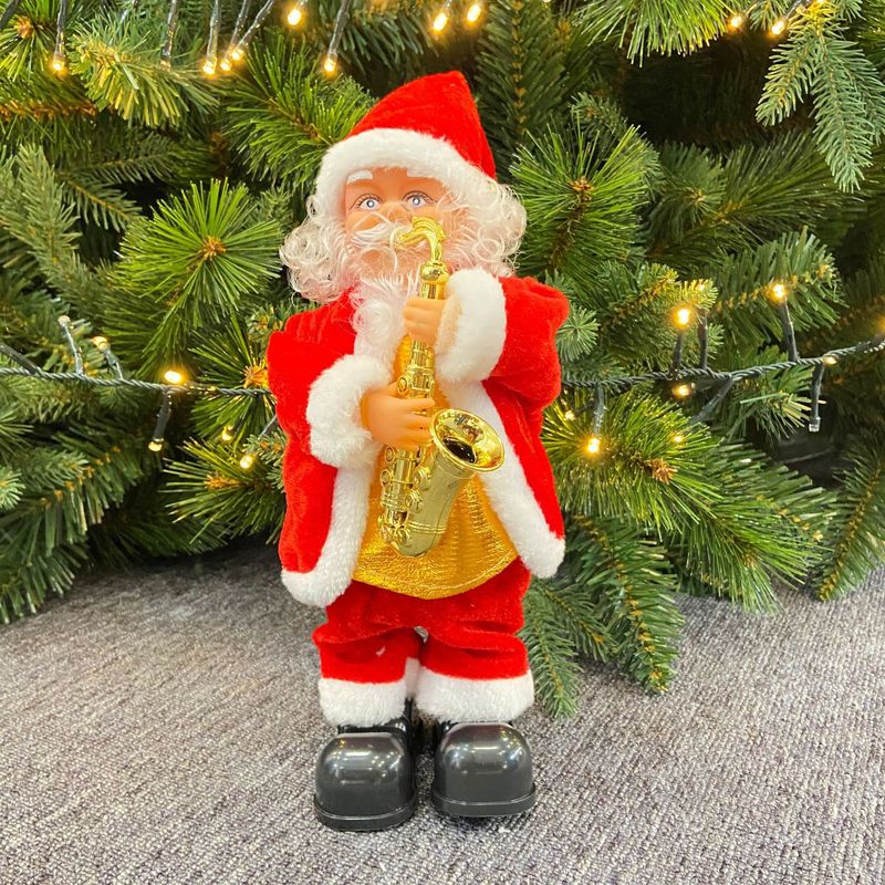 Adornos musicales navideños de Papá Noel: 5 muñecos navideños cantores con guitarra, saxofón, tambor, campana y bolsa de regalo, adorno de tela suave para el hogar._voghion.com