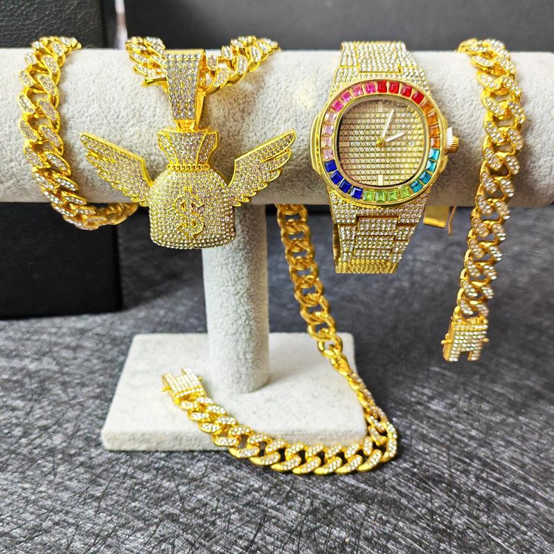Conjunto completo de relógios de ouro hip hop com corrente cubana e diamantes, pulseira e colar com cristal líquido_voghion.com