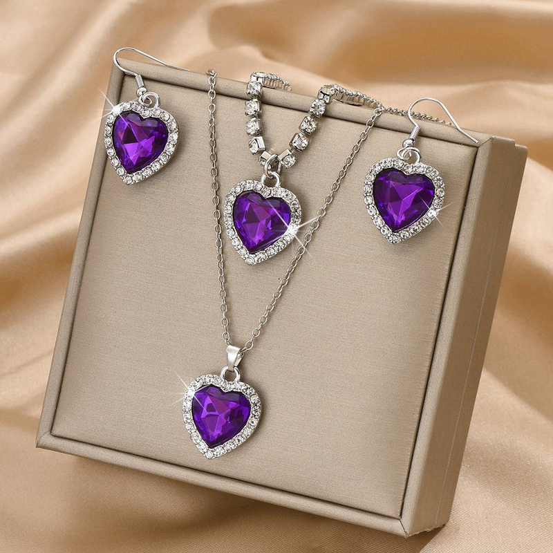 Mode und Luxus voller Strass Kristall Schmuck Set Ozean Herz 3 Stück Halskette Ohrringe Armband_voghion.com