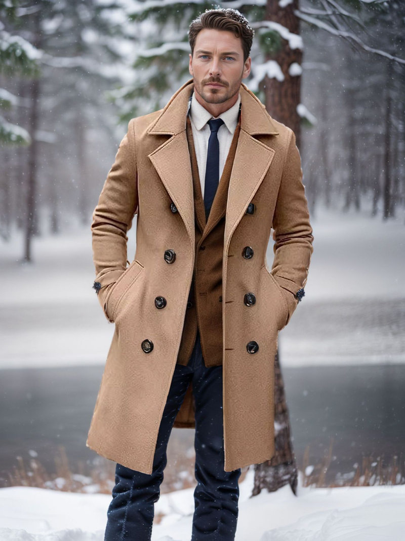 Thickened Mid-length Double-breasted Men's Woolen Coat For Autumn And Winter, Fitted Overcoat_voghion.com