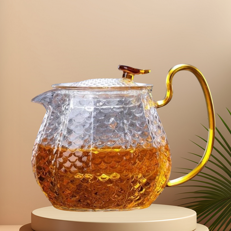 Gehamerde glazen theepotset met 4 kopjes - hittebestendig, explosieveilig en draagbaar theezetapparaat van borosilicaat voor kantoor/thuis, roestvrijstalen filter_voghion.com