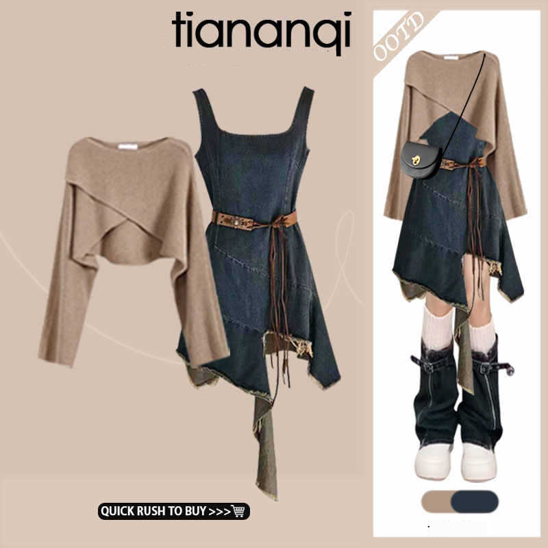Vestido de suéter jeans desgastado estilo boêmio com suéter de malha cropped, conjunto de duas peças – look vintage de outono em camadas para mulheres (M-4XL)_voghion.com