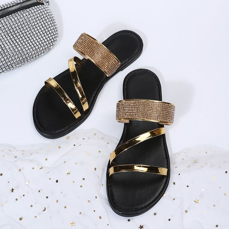 Women's Shoes Large Size Casual Slippers Summer New Round Head Rhinestone Flat Sandals_voghion.com