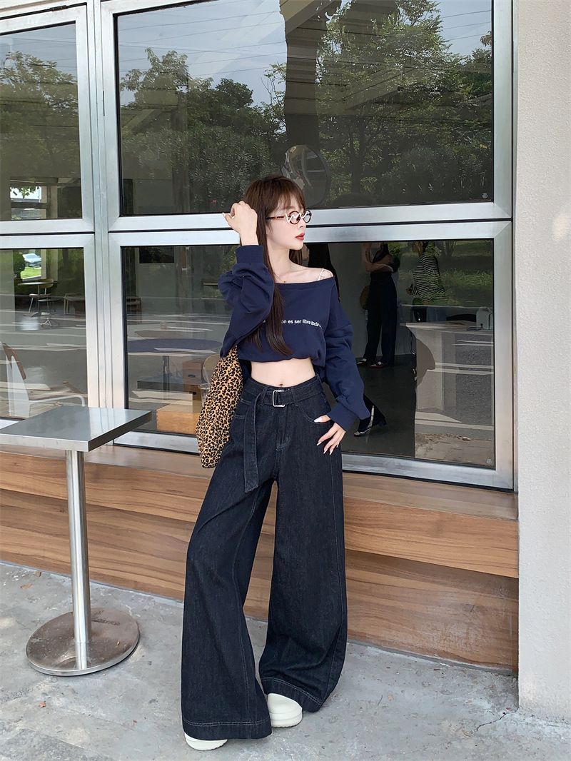 Gürtel in Originalfarbe und Plüschjeans für Damen, neue lockere, gerade, hoch taillierte, lässige Hose mit weitem Bein für Damen_voghion.com