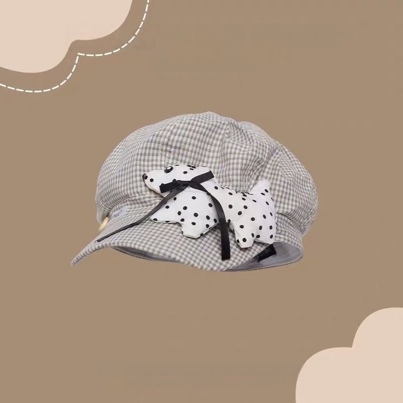 Niedliche, karierte Baskenmütze mit Polka-Dot-Hundemotiv für Damen, dünnes Modell für Frühling und Sommer, achteckige, gesichtsschmeichelnde Mütze, geeignet für große Köpfe_voghion.com