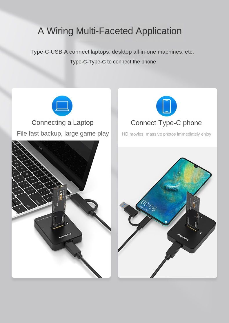 Dual-Protocol M.2 SSD Dock - Ondersteunt NVMe/SATA-interfaces, Plug and Play, USB3.1 Gen2, Tot 2TB opslag, Aluminiumlegering warmteafvoerontwerp_voghion.com