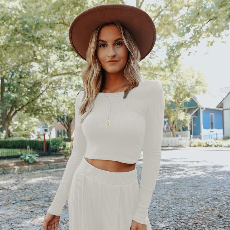 Vêtements pour femmes à manches longues, costume décontracté, pantalon large en tricot côtelé_voghion.com
