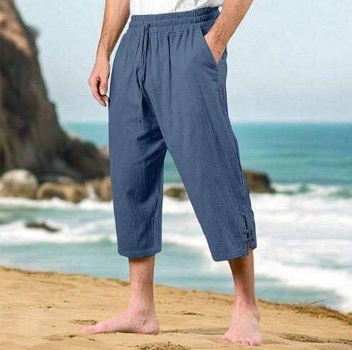 Pantaloni da uomo in cotone e lino, estivi, casual, da spiaggia, con coulisse in vita, elastici, comodi e traspiranti, a gamba dritta_voghion.com