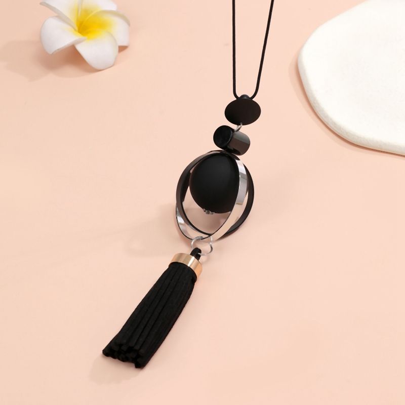 Fashion Boho Retro Long Sweater Necklace with Black Tassel Pendant for Women Fashion Jewelry_voghion.com