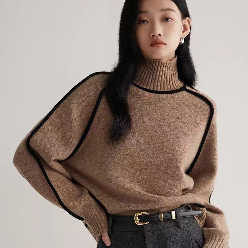 Übergroßer Rollkragenpullover für Damen – Strickpullover mit 3D-Strukturstreifen (Beige/Braun/Grau/Orange/Blau) – Gemütliches und stylisches Winter-Essential_voghion.com