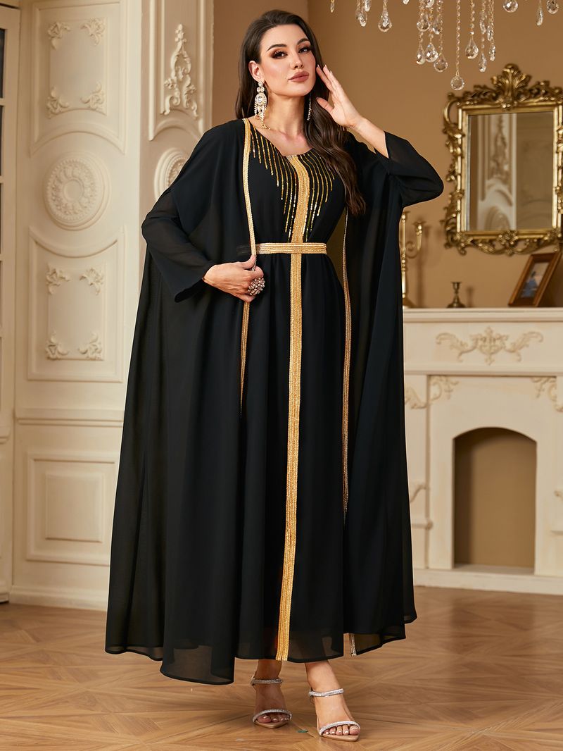 Vêtements pour femmes transfrontaliers du Moyen-Orient Robe arabe Mode paillettes broderie mousseline de soie deux pièces robe Europe et Amérique_voghion.com