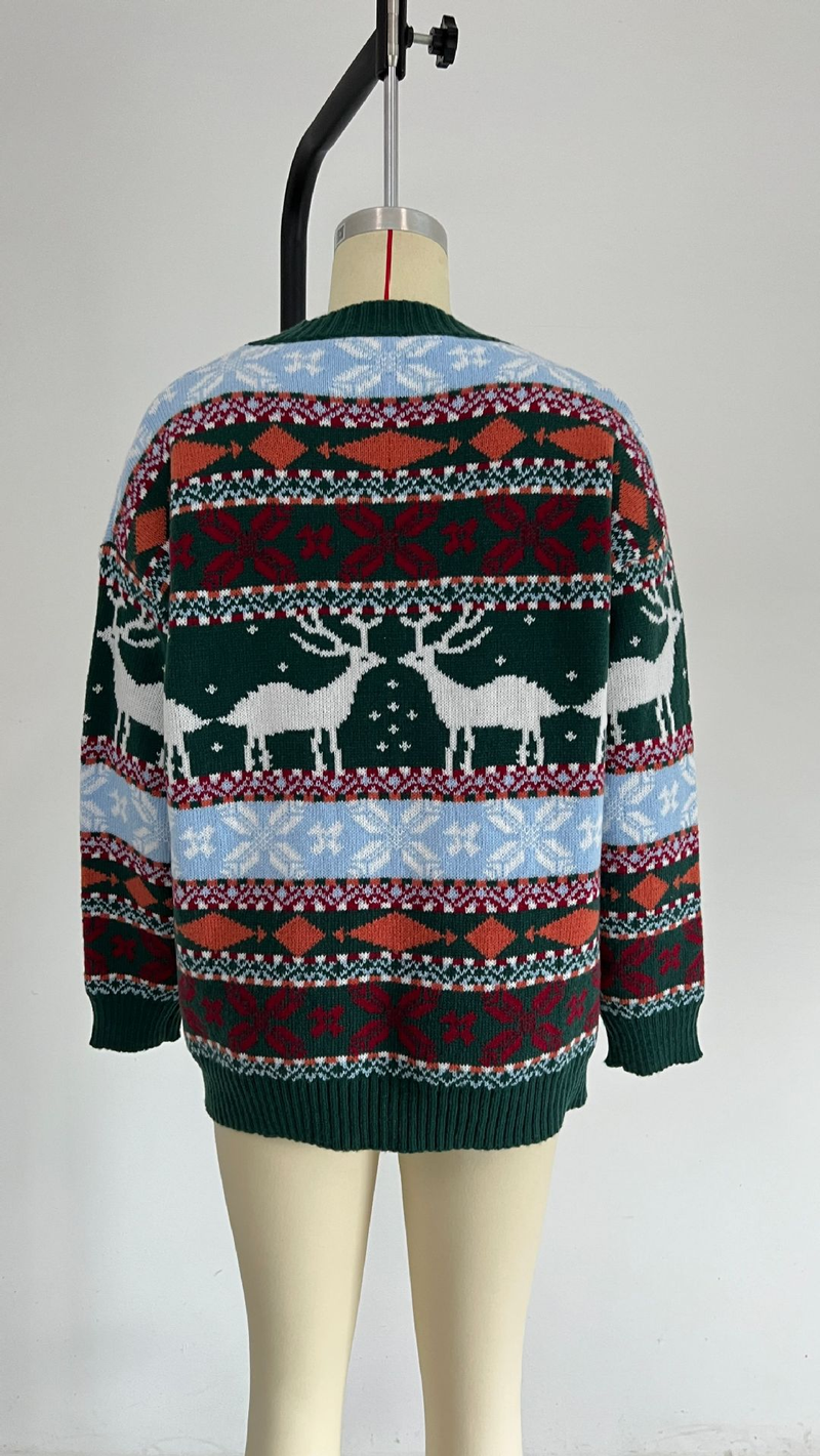 Damenbekleidung, Rundhalsausschnitt, lockerer, fünffarbiger, weihnachtlicher Jacquard-Langarm-Damenpullover_voghion.com