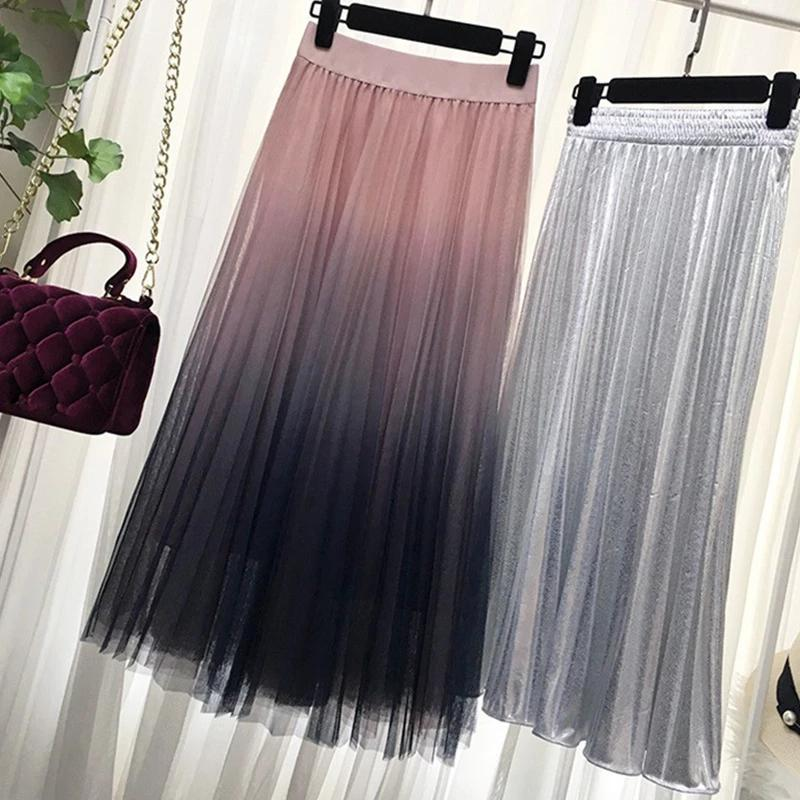 Mesh Hohe Taille Gefaltete frauen Langen Rock A-linie Tüll Gradienten Student Frauen Röcke 2020 Frühling Sommer Mode Elegant416_voghion.com