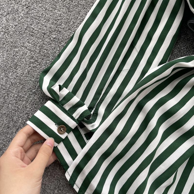 Women's Clothing with lace-up waist casual loose versatile denim splicing striped shirt_voghion.com