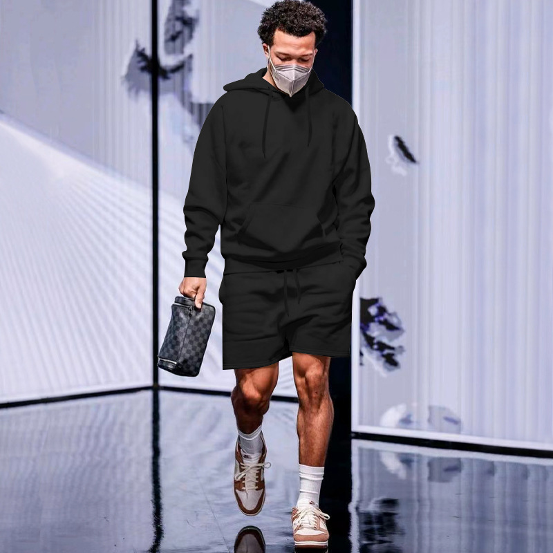 Streetwear männer Zwei Stück Sets Hoodie Langarm Einfarbig Fleece Trainingsanzüge Mit Kapuze Sweatshirt Und Shorts Anzüge Männer Outfits_voghion.com