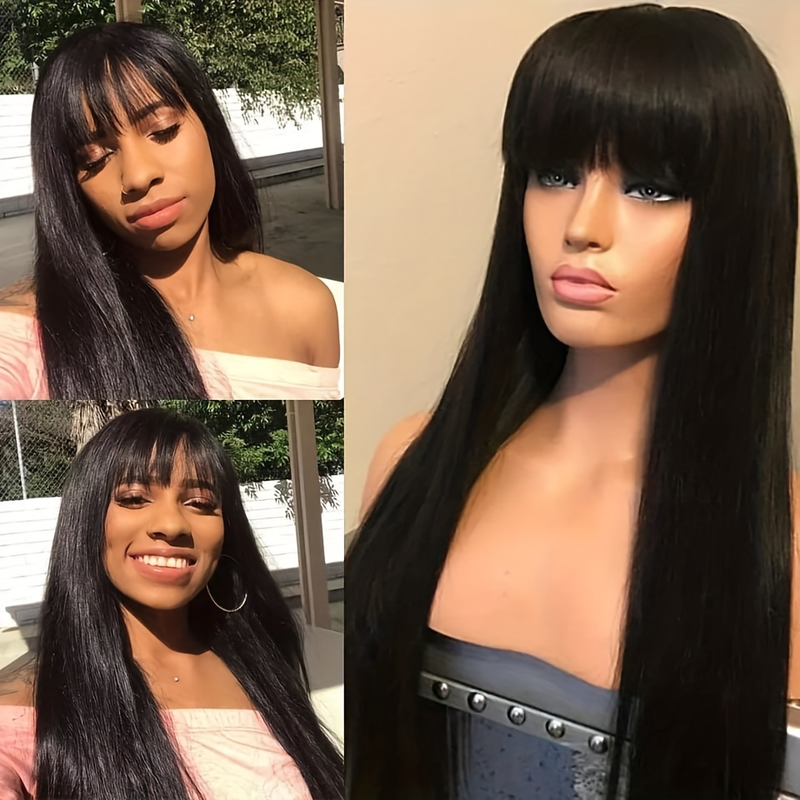 Perruque de cheveux humains avec frange complète, cheveux lisses et lisses, 100% cheveux humains, couleur naturelle_voghion.com