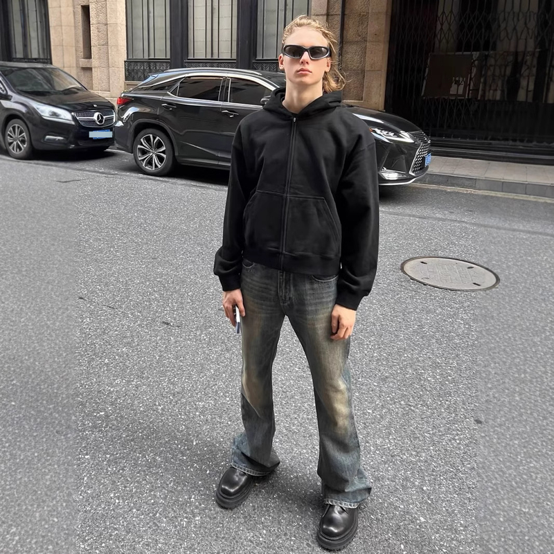 Herrenbekleidung Paris Schwere verwaschene Bambus-Baumwolle Retro Distressed Bootcut Gerade ausgestellte Slim-Jeans_voghion.com