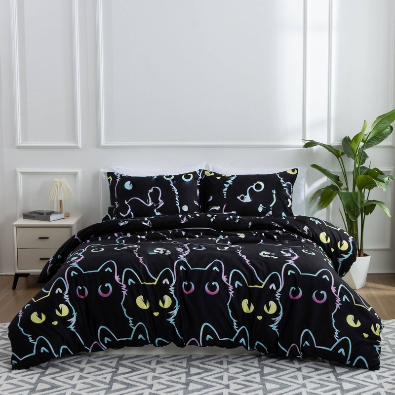 Set di biancheria da letto con gatto fosforescente a forma di cartone animato - Copripiumino da 3 pezzi con federe (in morbido poliestere, lavabile in lavatrice, per letto singolo/matrimoniale/king size)_voghion.com