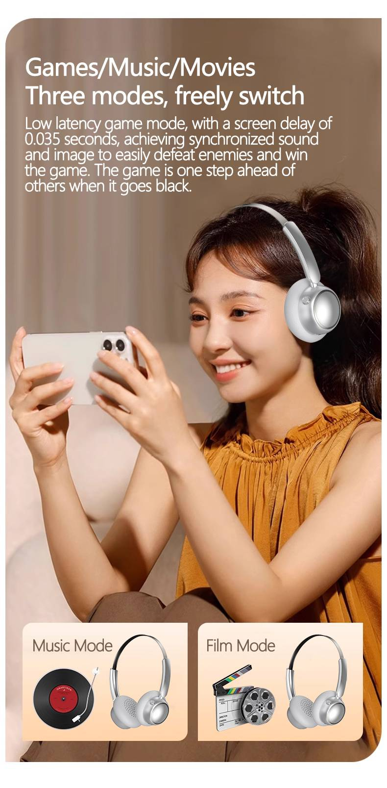 VJE11 Bluetooth Headphones: 10H Long Battery, 360° Surround Sound, Skin-Friendly Protein Leather, Game Mode Ready, Upgraded Chip Tech_voghion.com