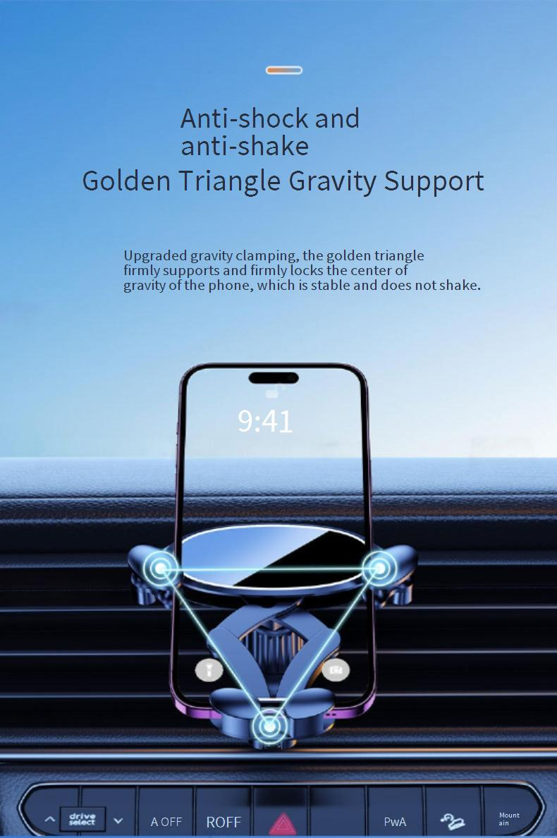 Support universel pour téléphone de voiture : clip pour grille d'aération, prise en main par gravité, navigation mains libres, design compact, ajustement sécurisé pour tous les smartphones_voghion.com