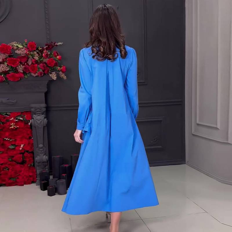 Autumn New Women's 3D Floral Print Elegant Long Sleeve Dress With Lapel Collar - Royal Blue, Sizes XS To XXXL_voghion.com