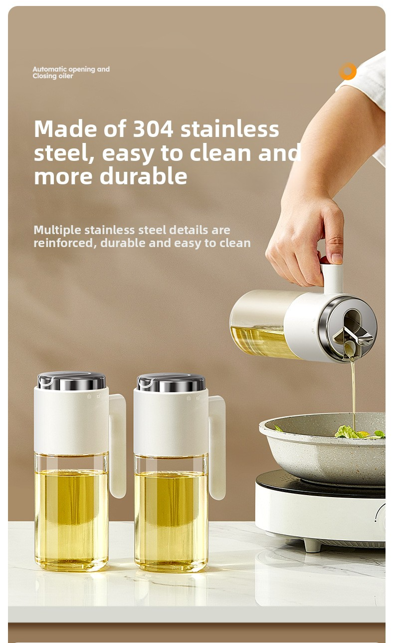 Garrafa dispensadora de óleo de vidro com tampa de aço inoxidável com abertura automática – Garrafa de cozinha à prova de vazamentos para óleo, vinagre e molho de soja (estilo minimalista moderno)_voghion.com