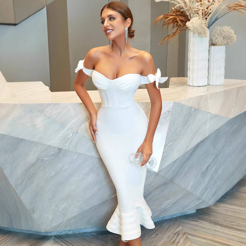 Elegante abito a sirena con spalle scoperte e fasciatura - Abito da sera formale in poliestere elasticizzato per donna, abito da festa con corsetto su misura attillato_voghion.com