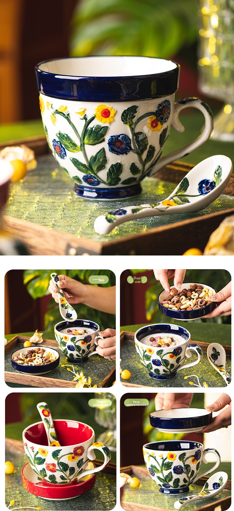 Blue & Red Hydrangea Ceramic Mug Set With Lid – 550ml Large Vintage Floral Coffee Cup Compatible With Snack Dish & Spoon_voghion.com