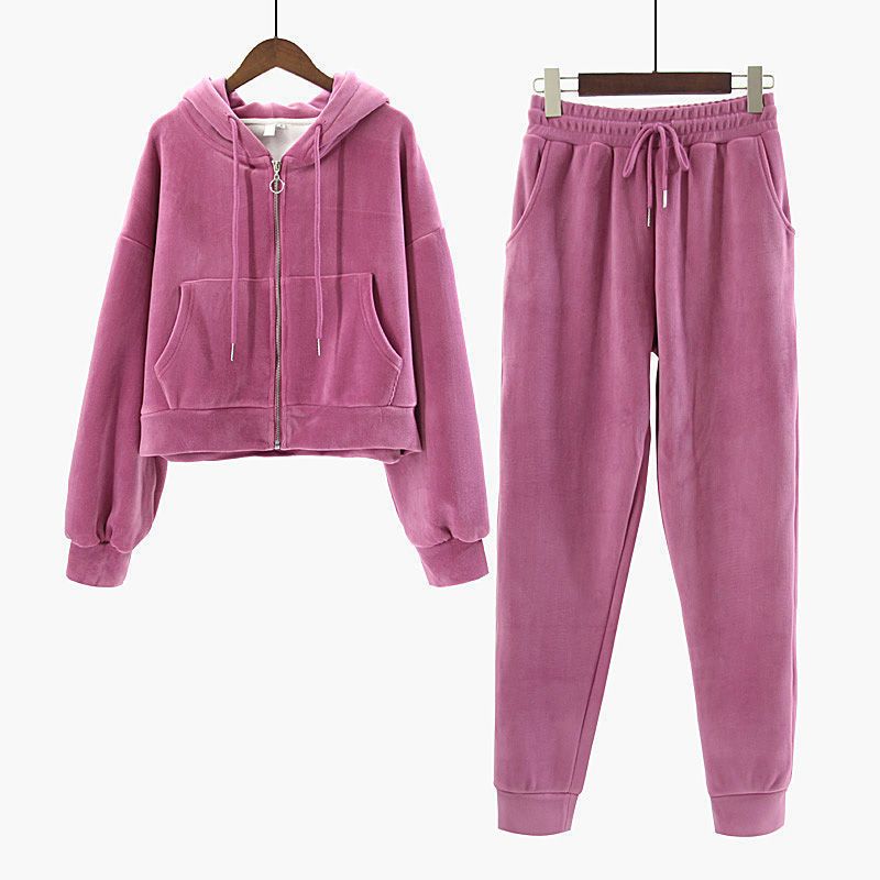 Kadın Giyim Sweatshirt Plus Kadife Fermuarlı Hırka Kadife Polar Astarlı Fermuarlı Kapüşonlu Üst Takım - Rahat Kışlık Kazak ve Eşofman Altı Günlük Kıyafet_voghion.com