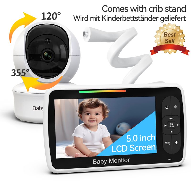 5 Inch Wireless Video Baby Monitor 720P Baby Care Monitor Pan-Tilt-Zoom With Lullabies Auto Night Vision Two Way Intercom Temperature_voghion.com