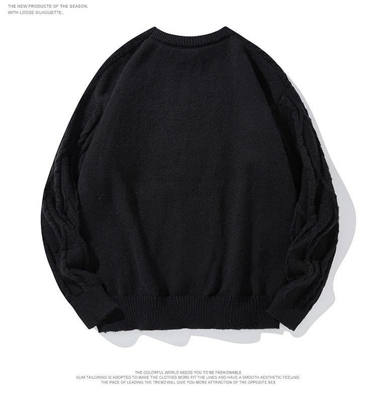 Men's Cable Knit Sweater - Oversized Casual Pullover With Ribbed Hem For Autumn/Winter (Black/Cream, M-Xxl)_voghion.com