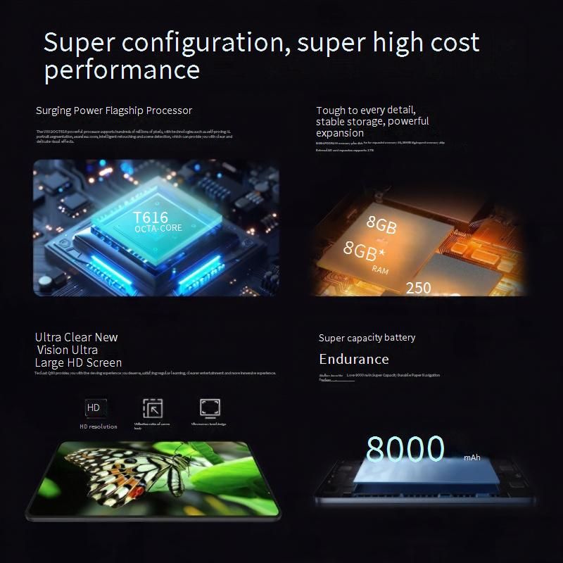 Tablette Android VP60 Pro - Processeur 8 cœurs, 8 Go de RAM + SSD 256 Go, double SIM et GPS, écran antireflet AG avec option de logo personnalisé pour les entreprises et l'éducation_voghion.com