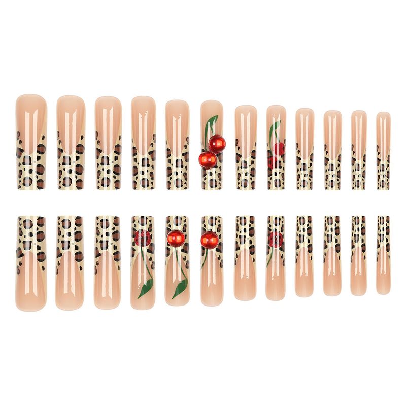 Unghie semplici extra lunghe indossabili, French Leopard Cherry, punte delle unghie staccabili_voghion.com