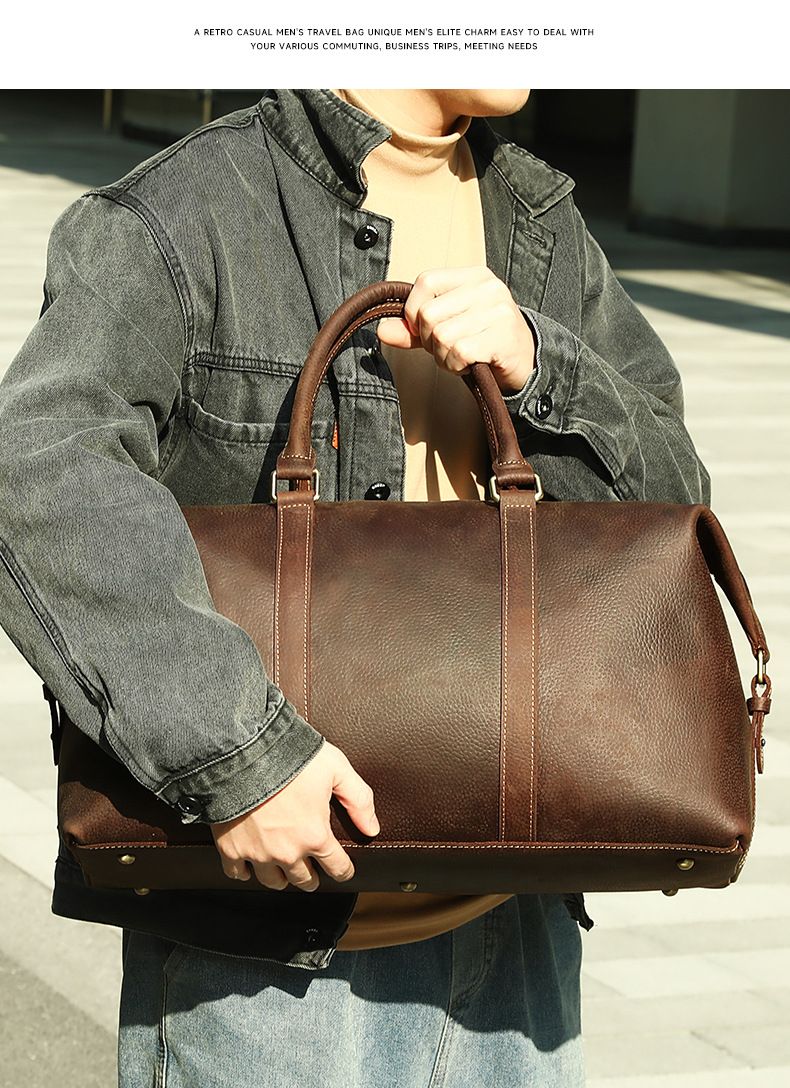 Borsa da viaggio vintage in vera pelle da uomo, borsone in pelle invecchiata retrò con tracolla, capiente capacità 36-55L, resistente, per viaggi casual_voghion.com