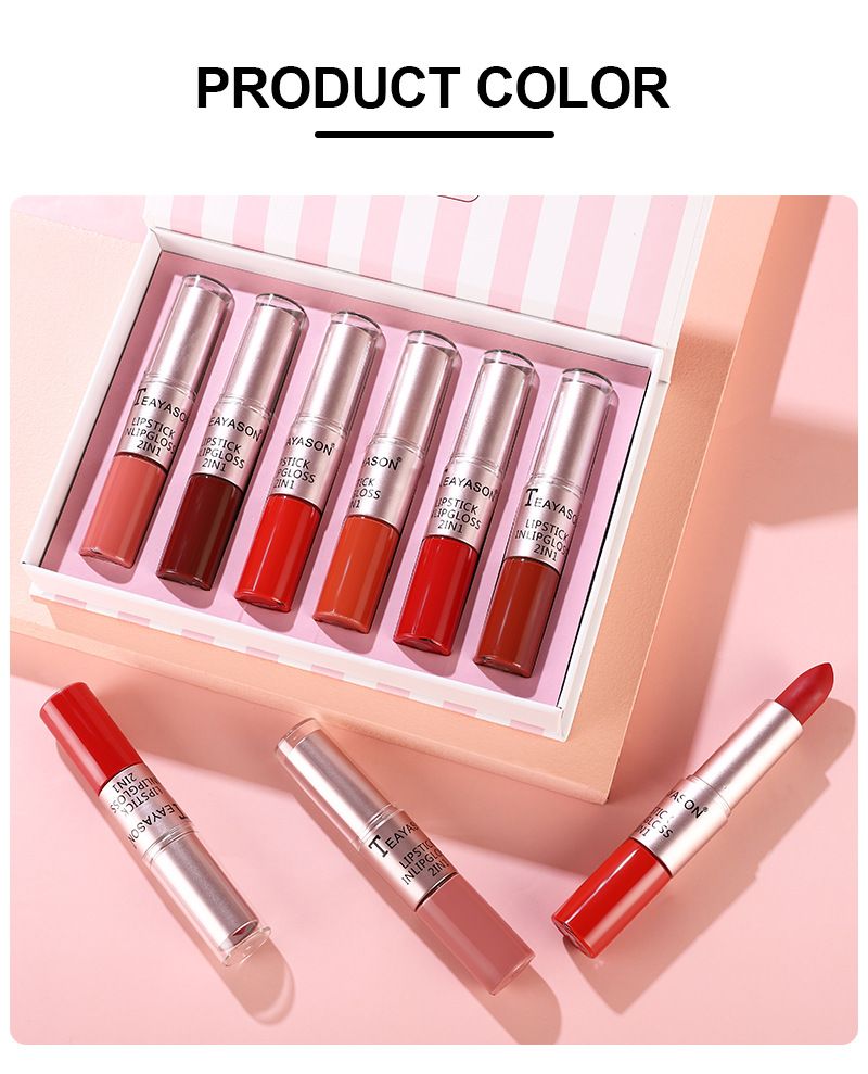 6-Piece Dual-Ended Non-Stick Matte Lip Color Set - Two-in-One Lip Gloss & Lipstick In Nude Mauve Shades, Ideal For Women_voghion.com