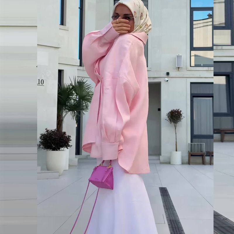 Ensemble deux pièces confortable pour femme arabe, haut ample à manches longues et jupe longue_voghion.com