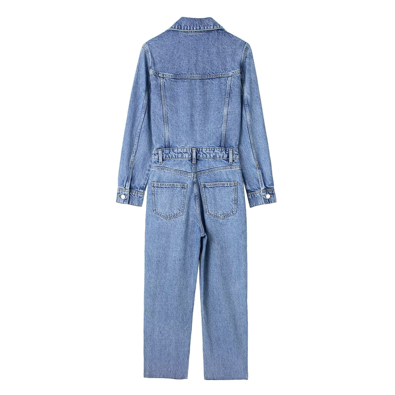 Combinaison en denim bleu à manches longues pour femmes, combinaison pantalon de personnalité urbaine décontractée_voghion.com