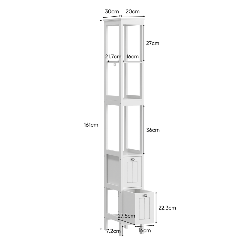 Schmaler Hochschrank Fürs Badezimmer, Freistehend Mit 2 Schubladen & 3 Böden, 20x30x160 Cm, Bianco_voghion.com