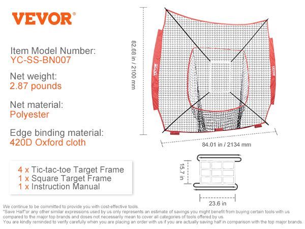 VEVOR 7x7 Ft Baseball Softball Practice Net, Portable Baseball Training Net For Hitting Batting Catching Pitching, Backstop Baseball Equipment Training Aids With Strike Zone_voghion.com