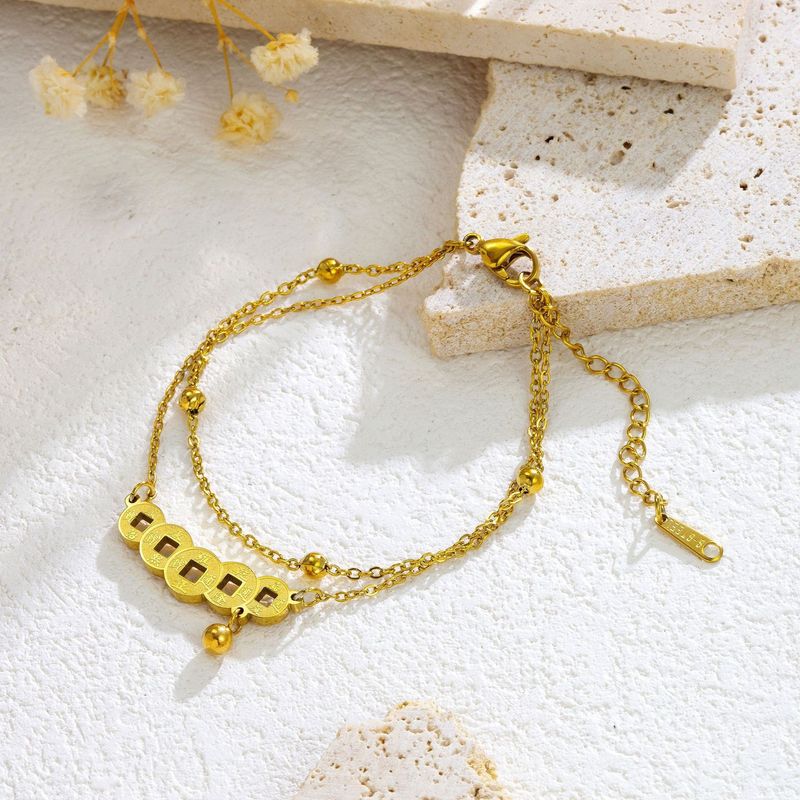 Titanstahl, lichtecht, doppellagige Perlenkette, Fußkettchen mit Kupfermünzen im chinesischen Stil, Dekorationszubehör_voghion.com