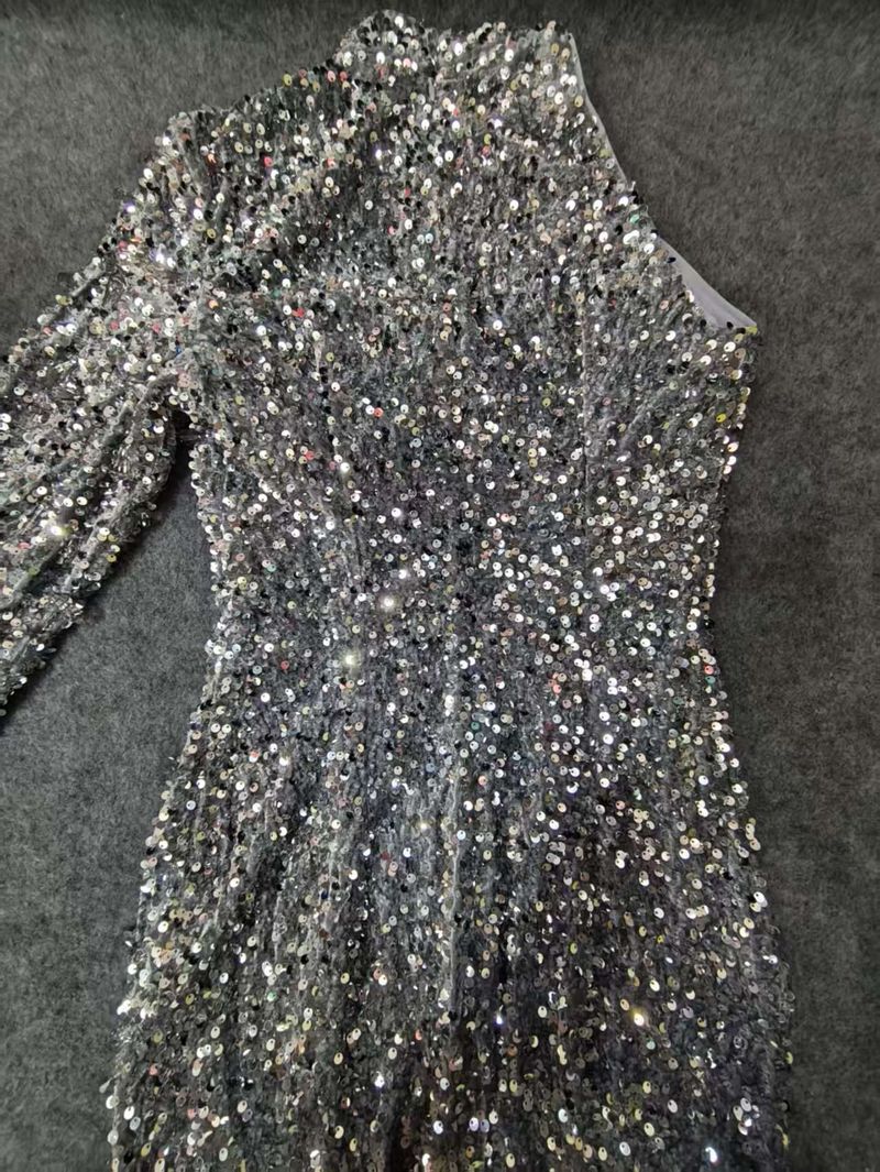 Elegant V-Neck Long Sleeve Bodycon Evening Dress With Slit & Glitter For Parties, Banquets, And Special Occasions_voghion.com