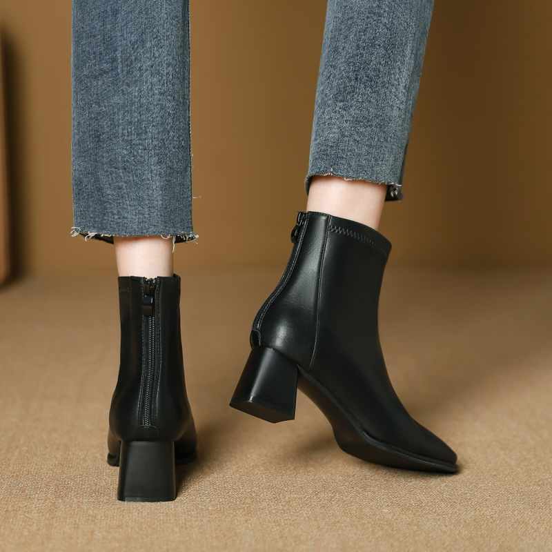 High Heel Square Head Short Boots New Style Square Head Back Zipper Short Boots Thick Heel Boots Spring and Autumn_voghion.com