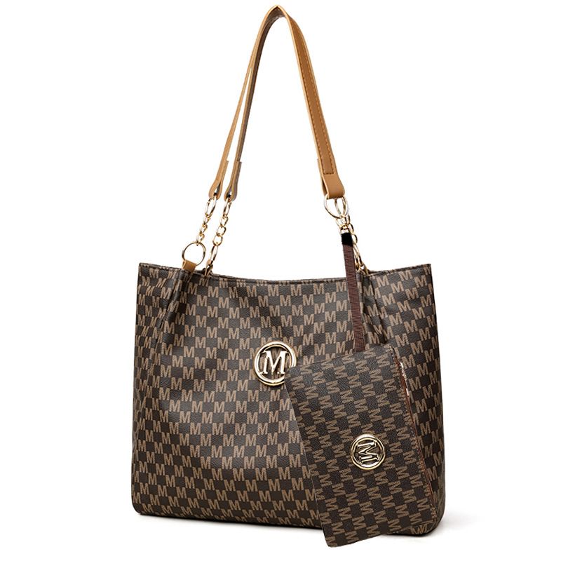 Stylish M-Print Tote & Clutch Bag Set With Chain Strap - Versatile PU Handbag Combo For Women (Black/Brown/White)_voghion.com