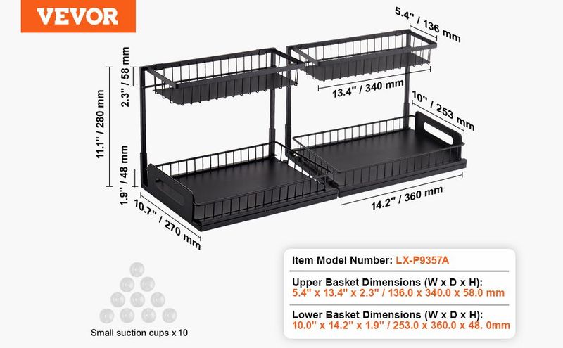 2-Tier Wire Pull Out Cabinet Under Sink Organizer 10.7"x14.2" Drawer Basket 2PCS_voghion.com