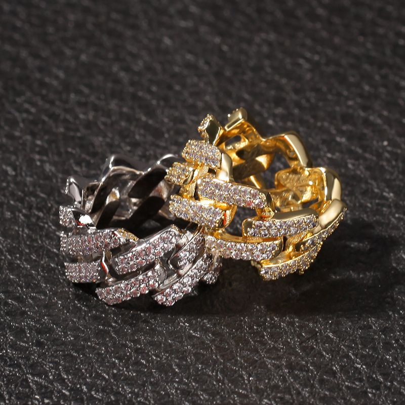 Neuer, mit Mikropflaster versehener Zirkonia-Ring für Herren mit 2 Reihen galvanisierten Diamanten aus echtem Gold für Hip Hop Cuban Ring_voghion.com